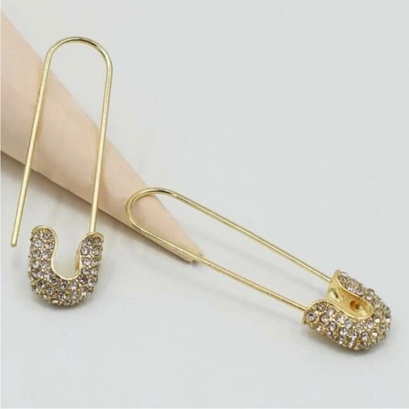 Gold Tone Rhinestone Safety Pin Earrings - Picture 2 of 3